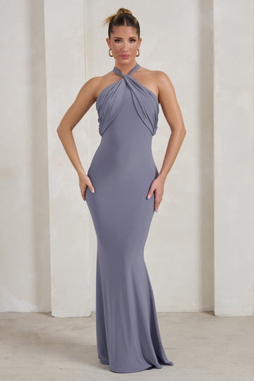 Genevieve Grey Twist High Neck Drape Detail Maxi Dress